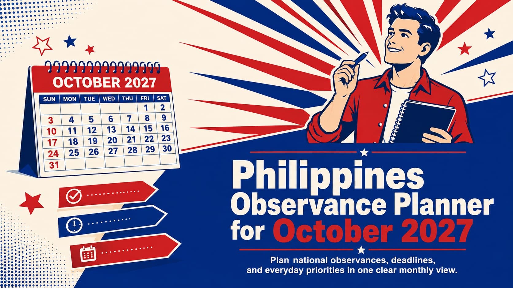 Cover for the Philippines observance planner for October 2027 in a bold blue and red retro style.