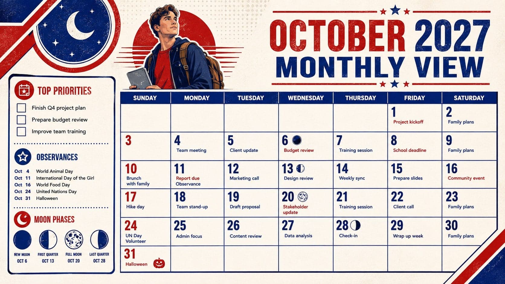 Editable October 2027 Philippines calendar grid with observance labels, moon phases, and priority notes.