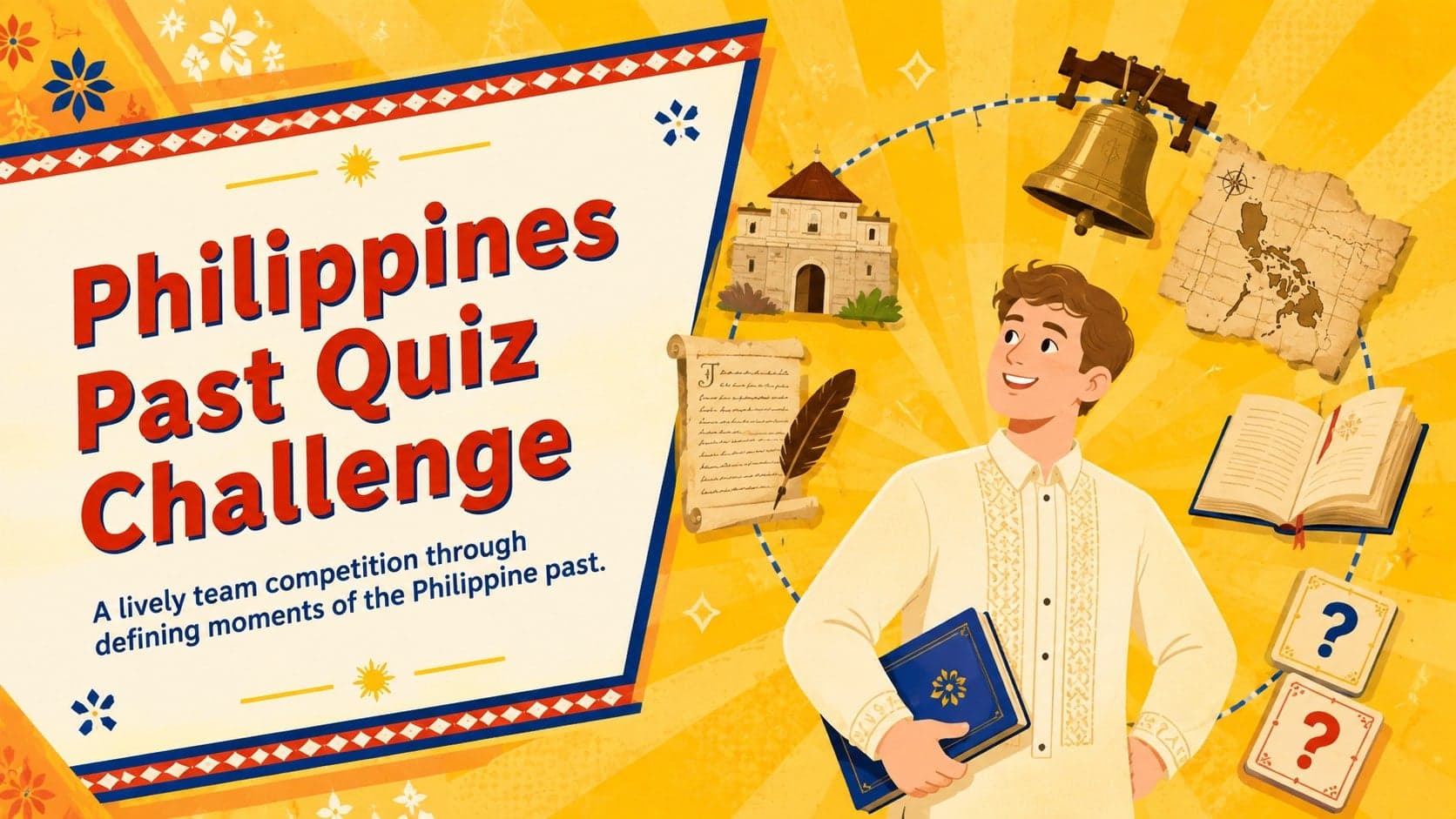 Yellow illustrated cover for the Philippines Past Quiz Challenge classroom history game.