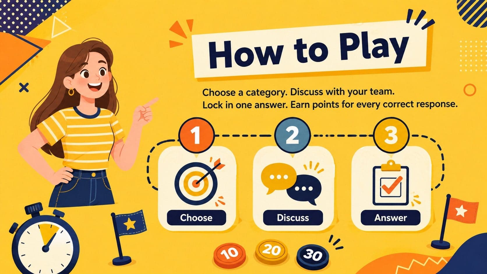 Illustrated how-to-play slide for an interactive Philippines history classroom game.