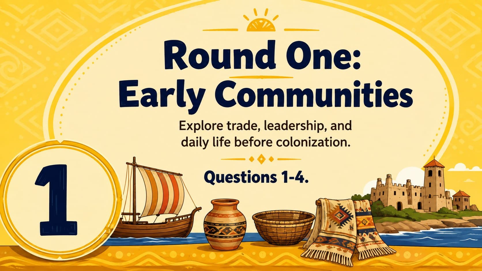 Early communities round opener in a yellow Philippine history review game.