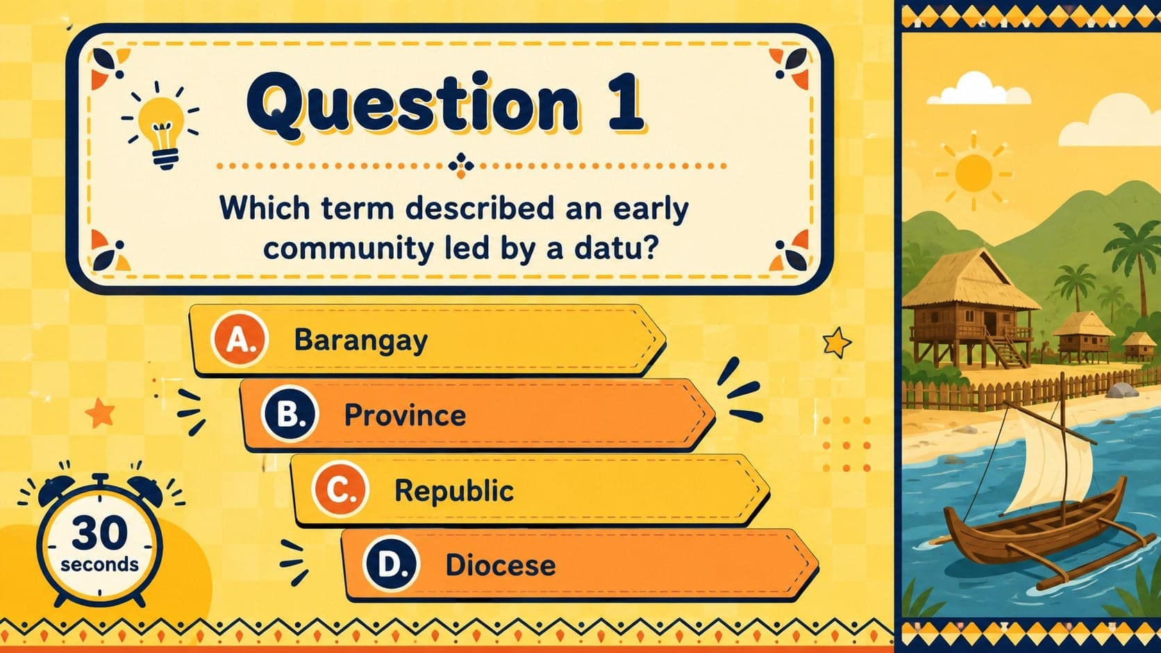 Multiple-choice barangay question in an illustrated Filipino history trivia deck.