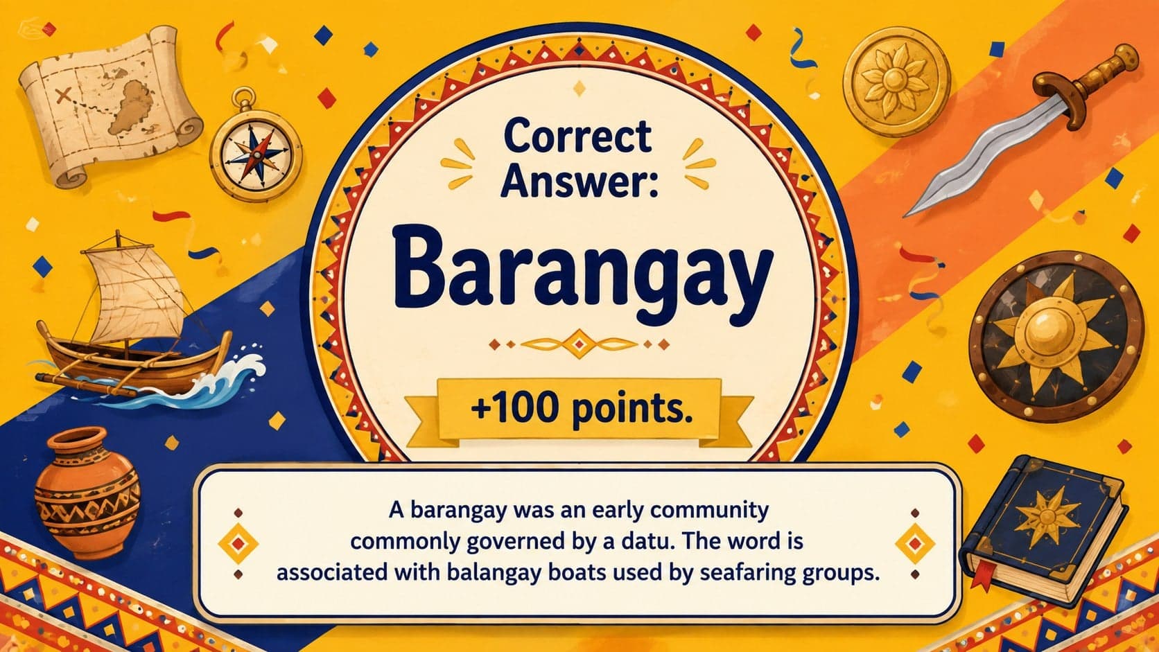 Barangay answer reveal for the Philippines Past Quiz Challenge.
