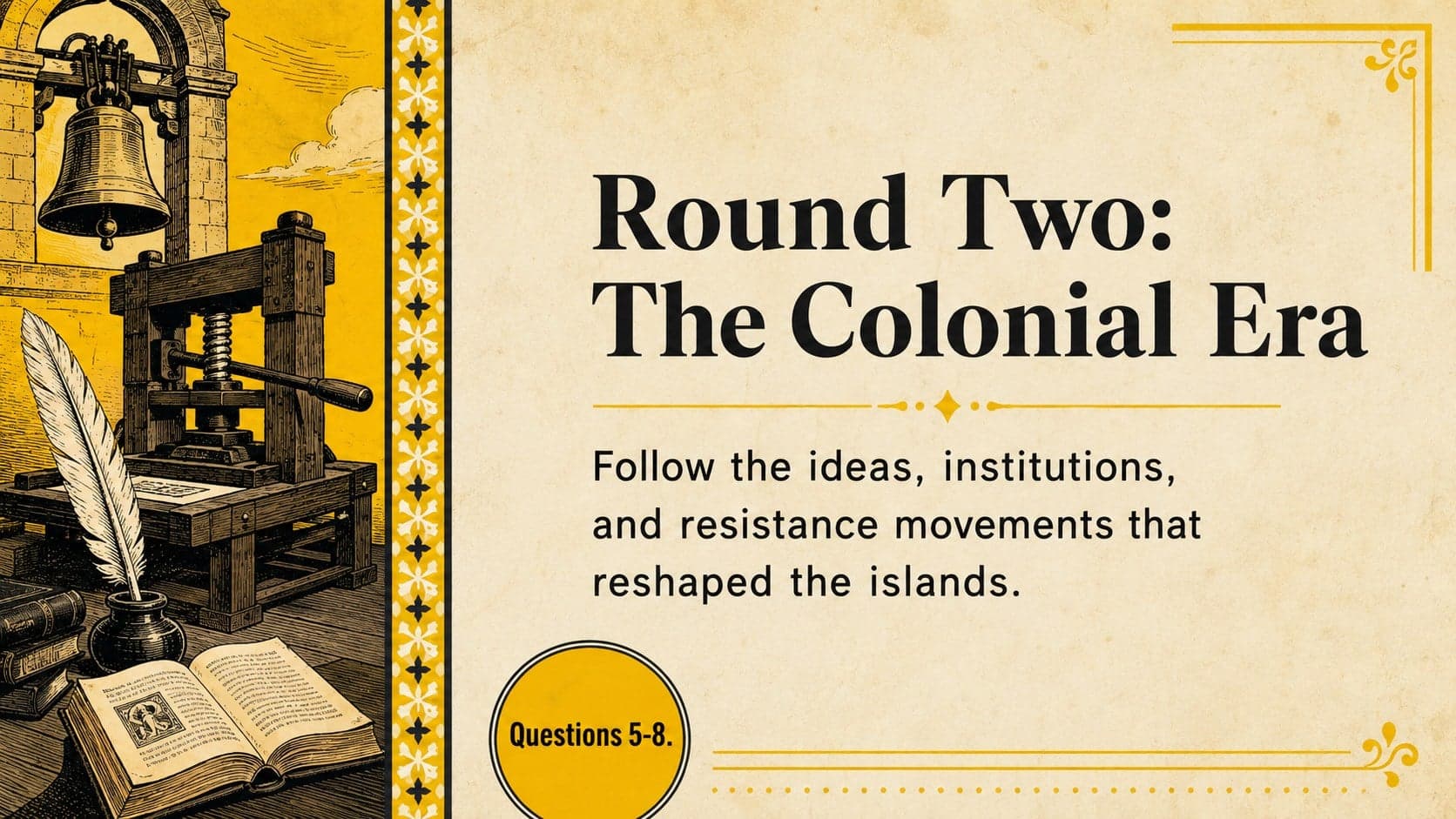 Colonial era round divider for yellow illustrated social studies slides.