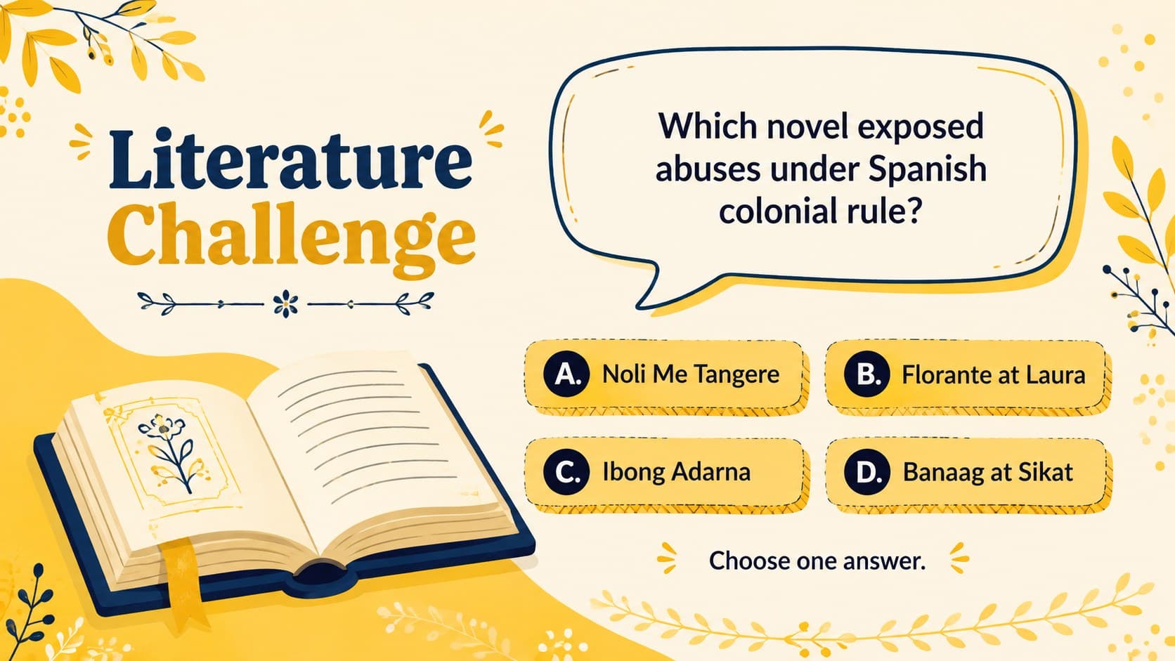 Literature question in a Philippine history quiz PowerPoint classroom deck.