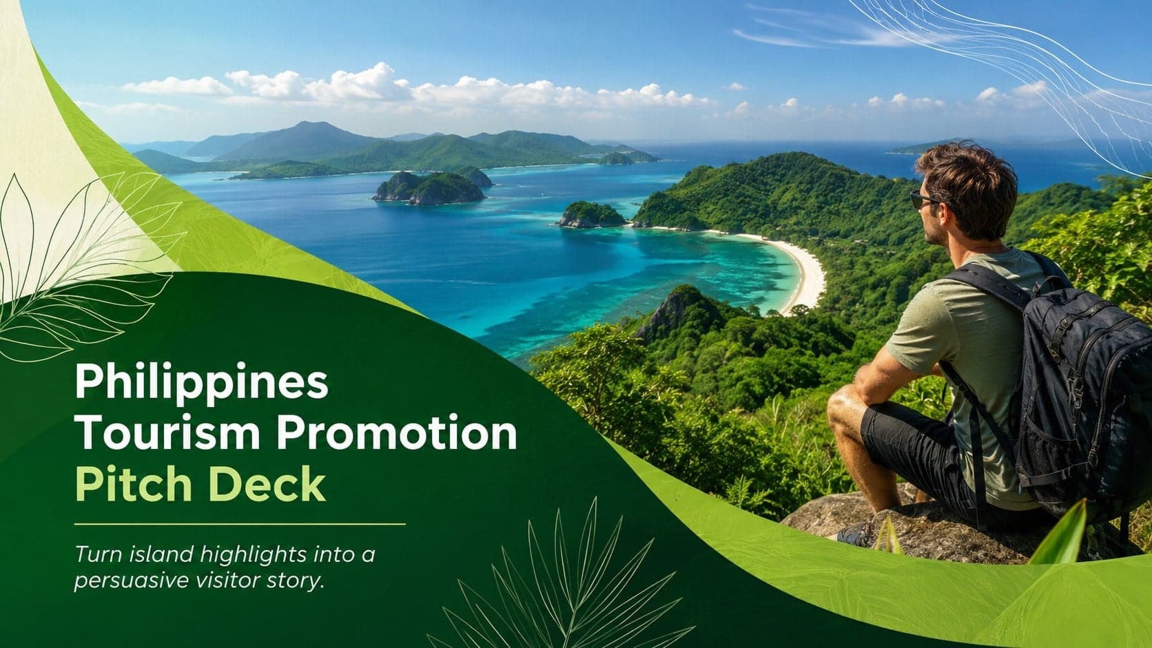 Cover of a green Philippines tourism promotion pitch deck featuring an island coastline and modern campaign typography.