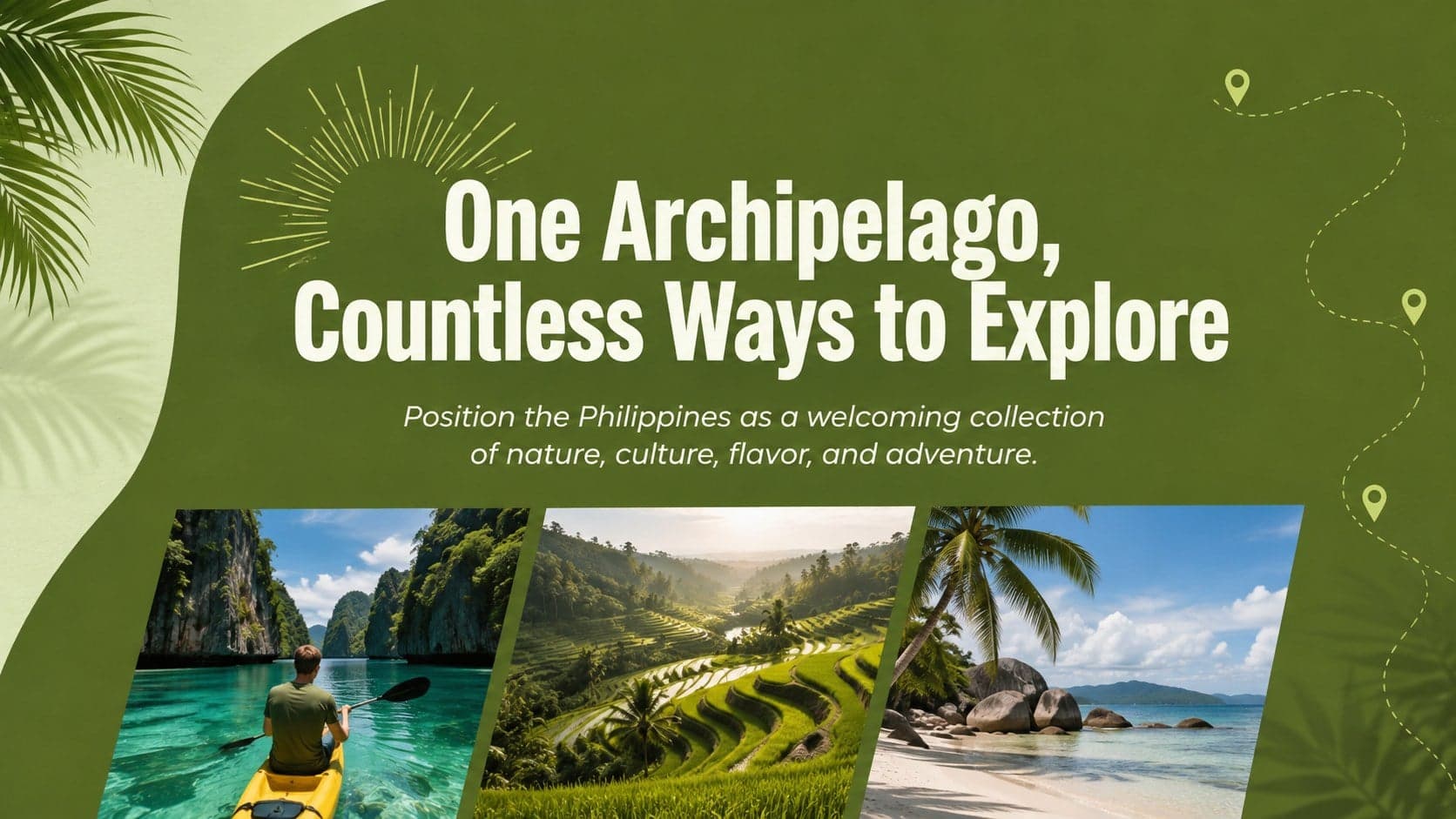 Destination positioning slide presenting the Philippines as a diverse island experience.