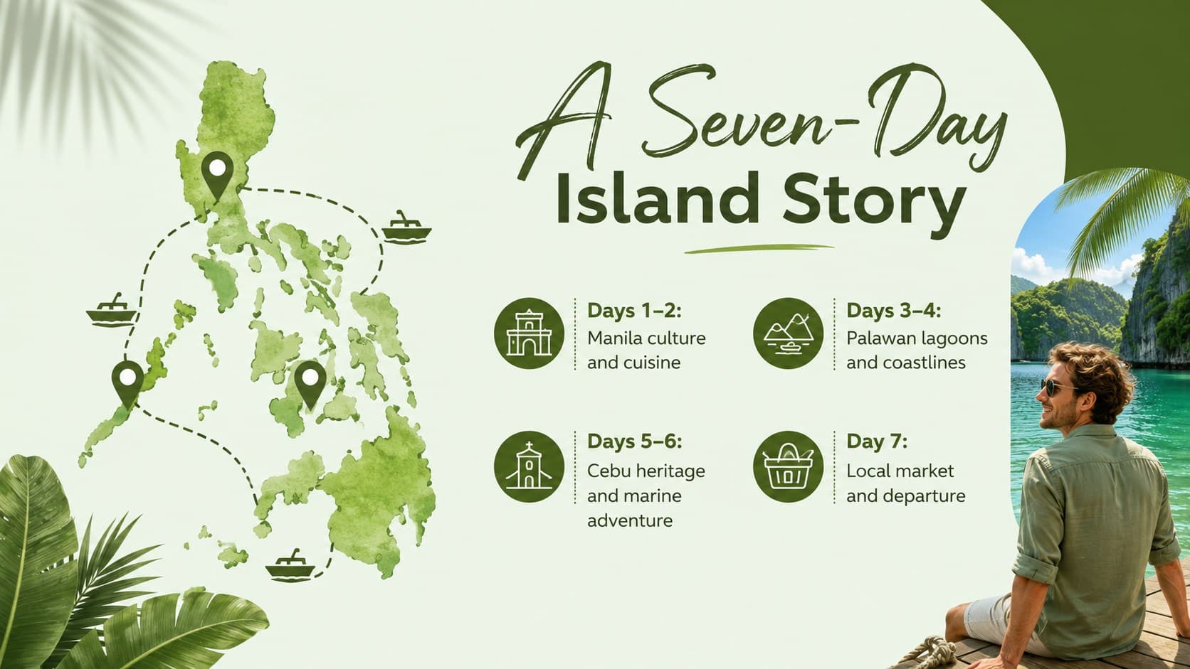 Sample seven-day island itinerary slide for a Philippines travel agency destination pitch.