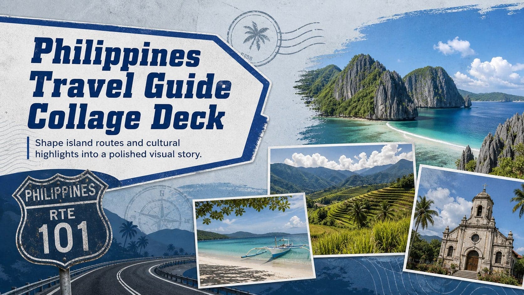 Cover of a Philippines travel guide collage deck with island photography and vintage sign-inspired details.
