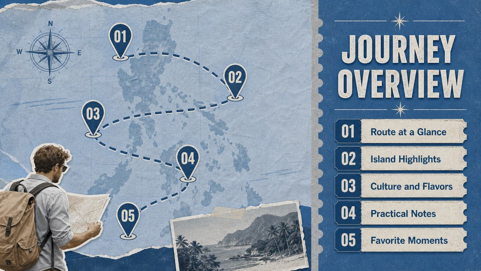 Philippines island itinerary presentation agenda with five travel story sections.