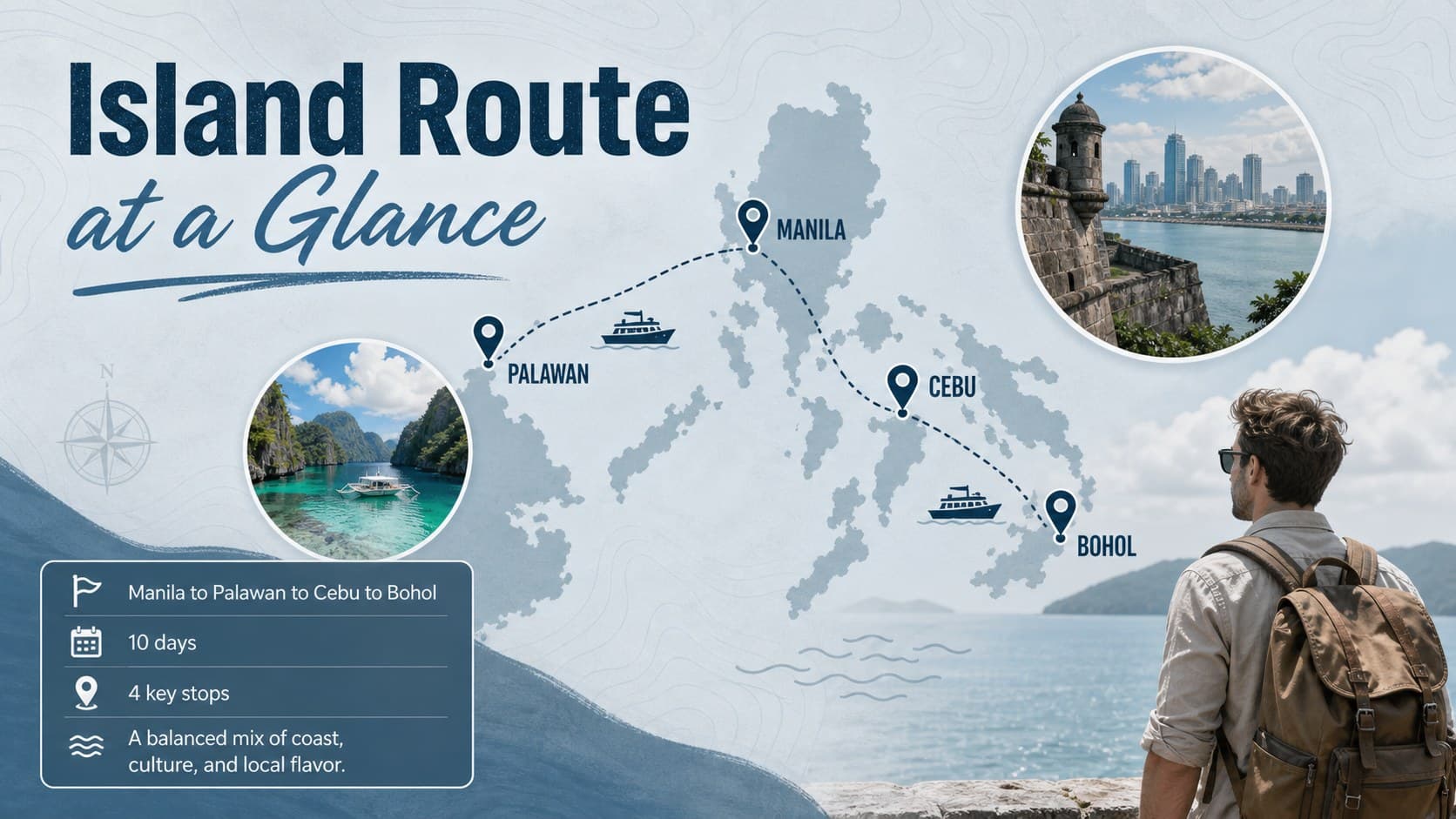 Blue-grey Philippines vacation planning slide showing an island route and trip summary.