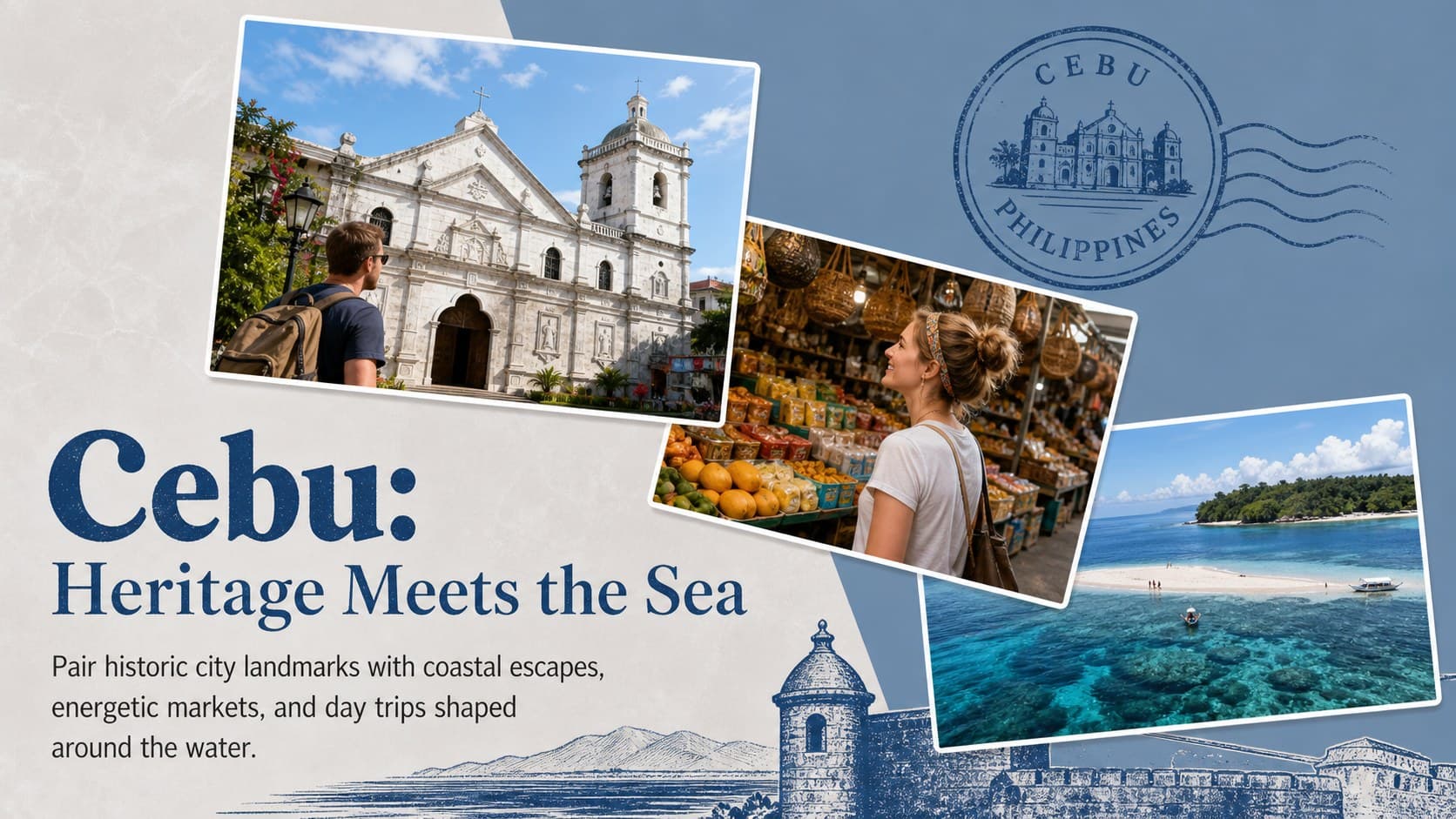 Cebu travel guide slide featuring heritage, city, and coastline highlights.