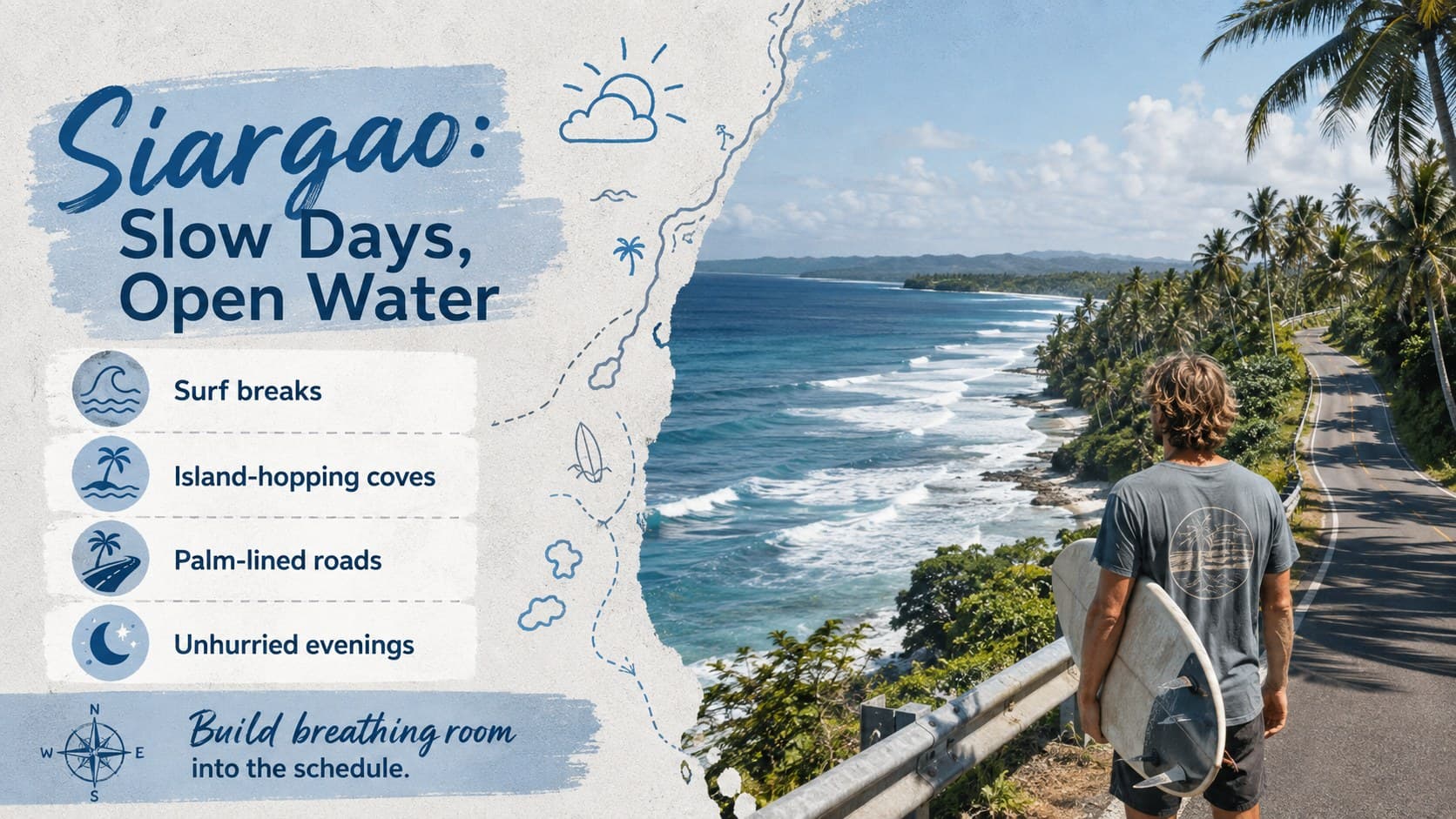 Siargao island hopping travel guide deck slide with surf and coastal imagery.