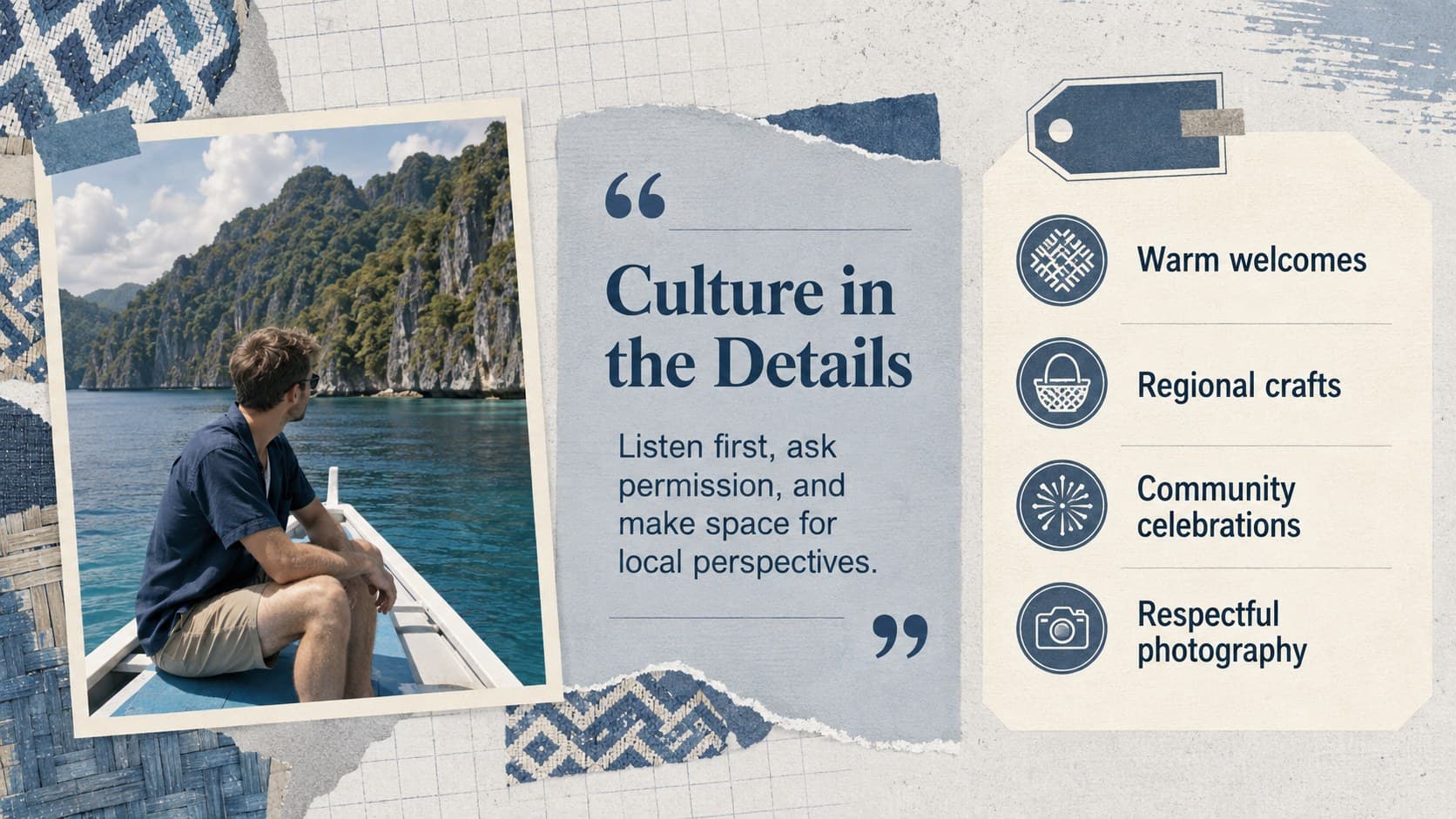 Philippine culture presentation template slide covering etiquette, crafts, and community.