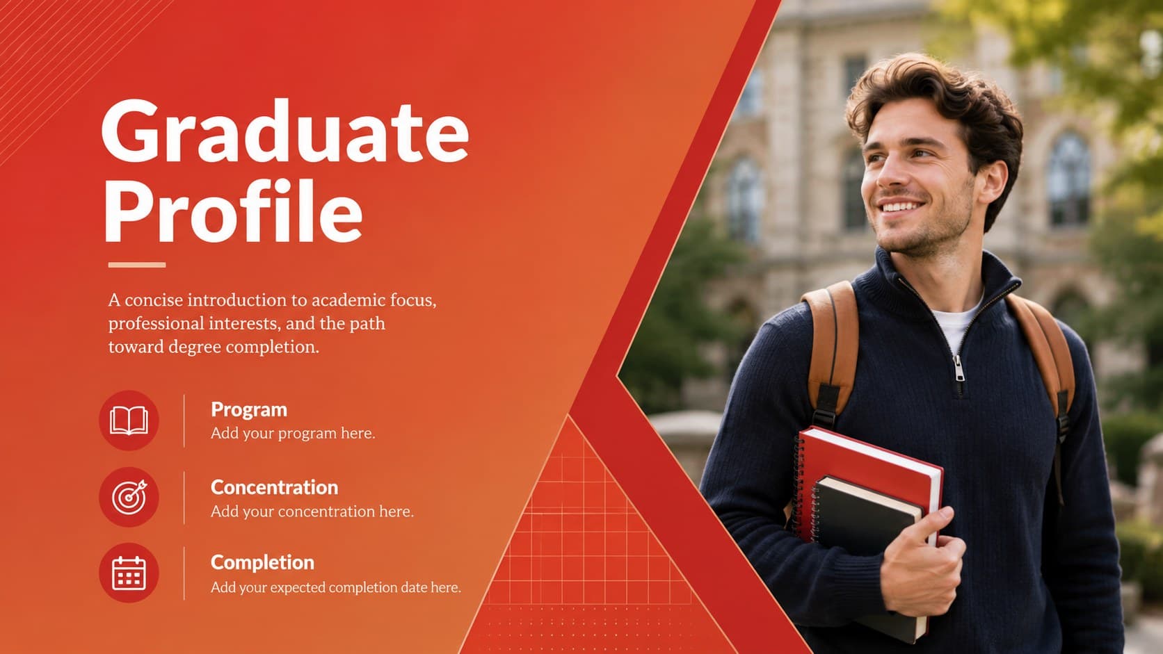 Graduate profile layout for an academic achievement portfolio deck with red accents.