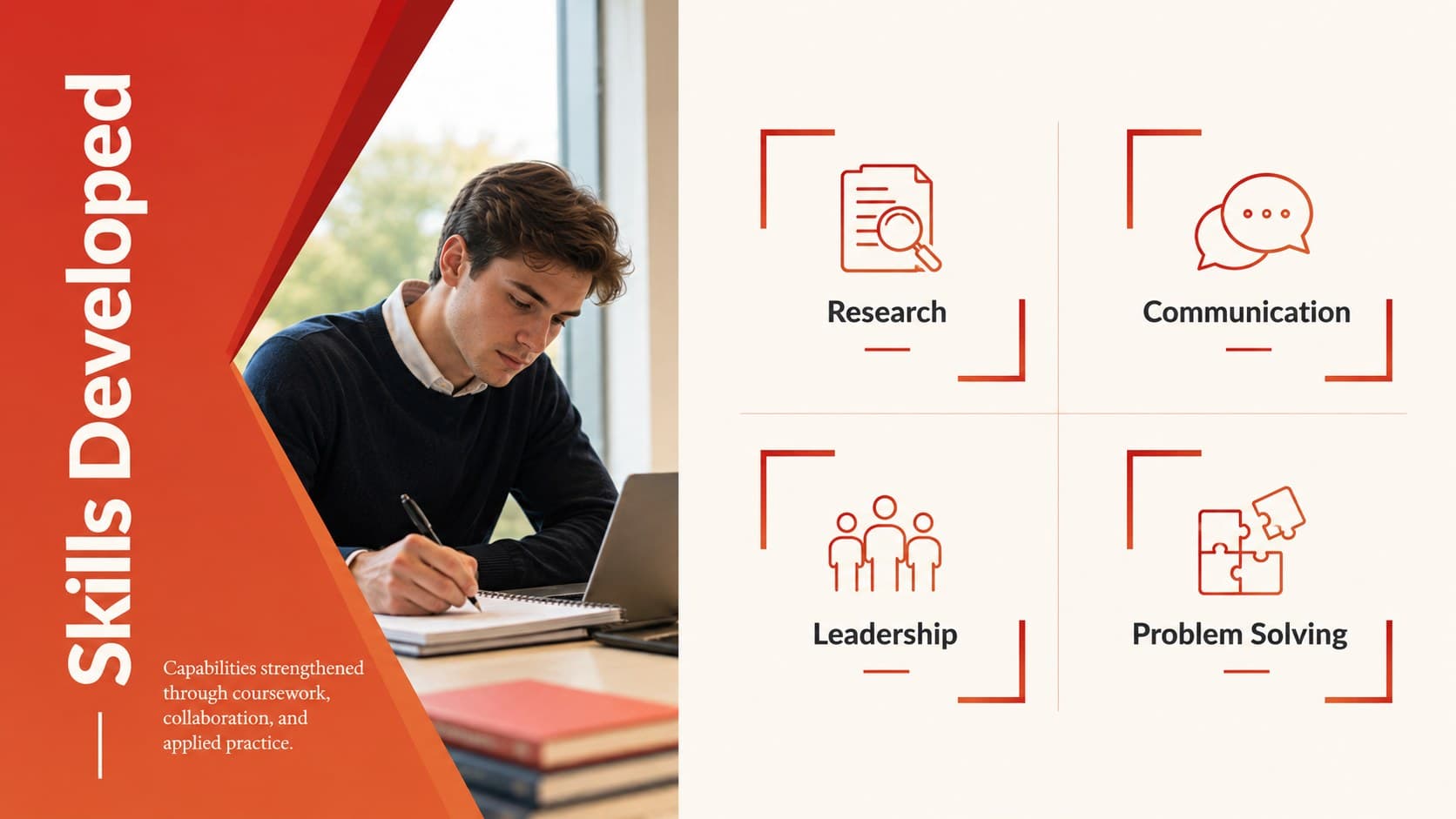 Key skills matrix in red graduation portfolio slides for career preparation.