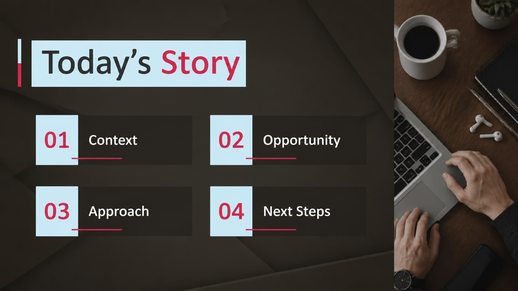 Agenda layout from a professional storytelling slide deck with four clearly organized presentation topics.