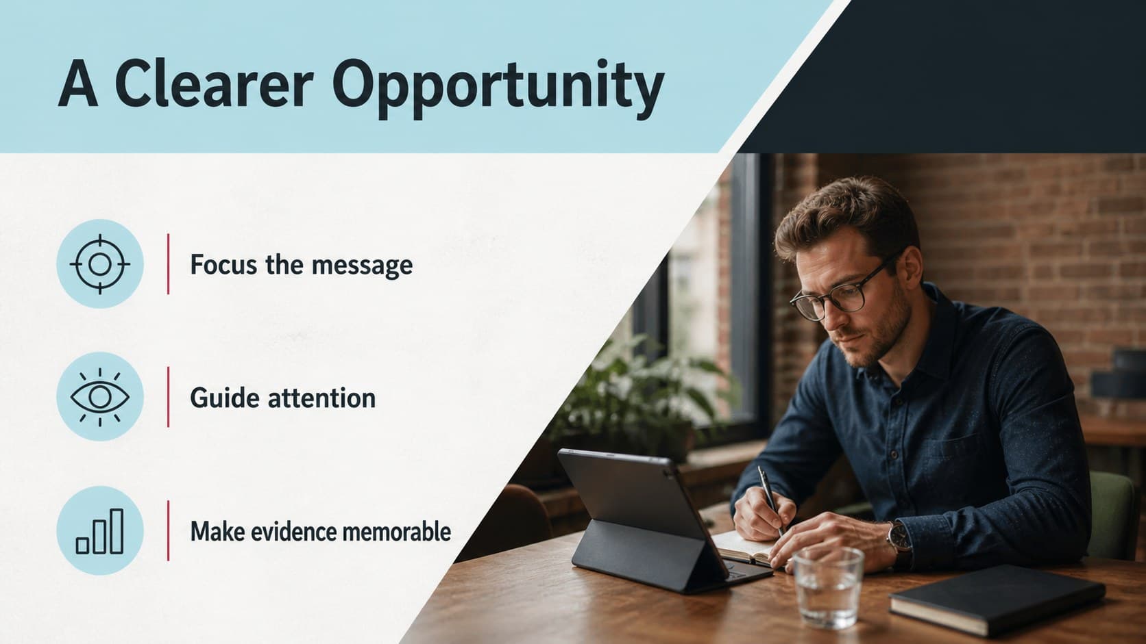 Modern client proposal slide presenting three opportunities beside a strong photographic focal point.