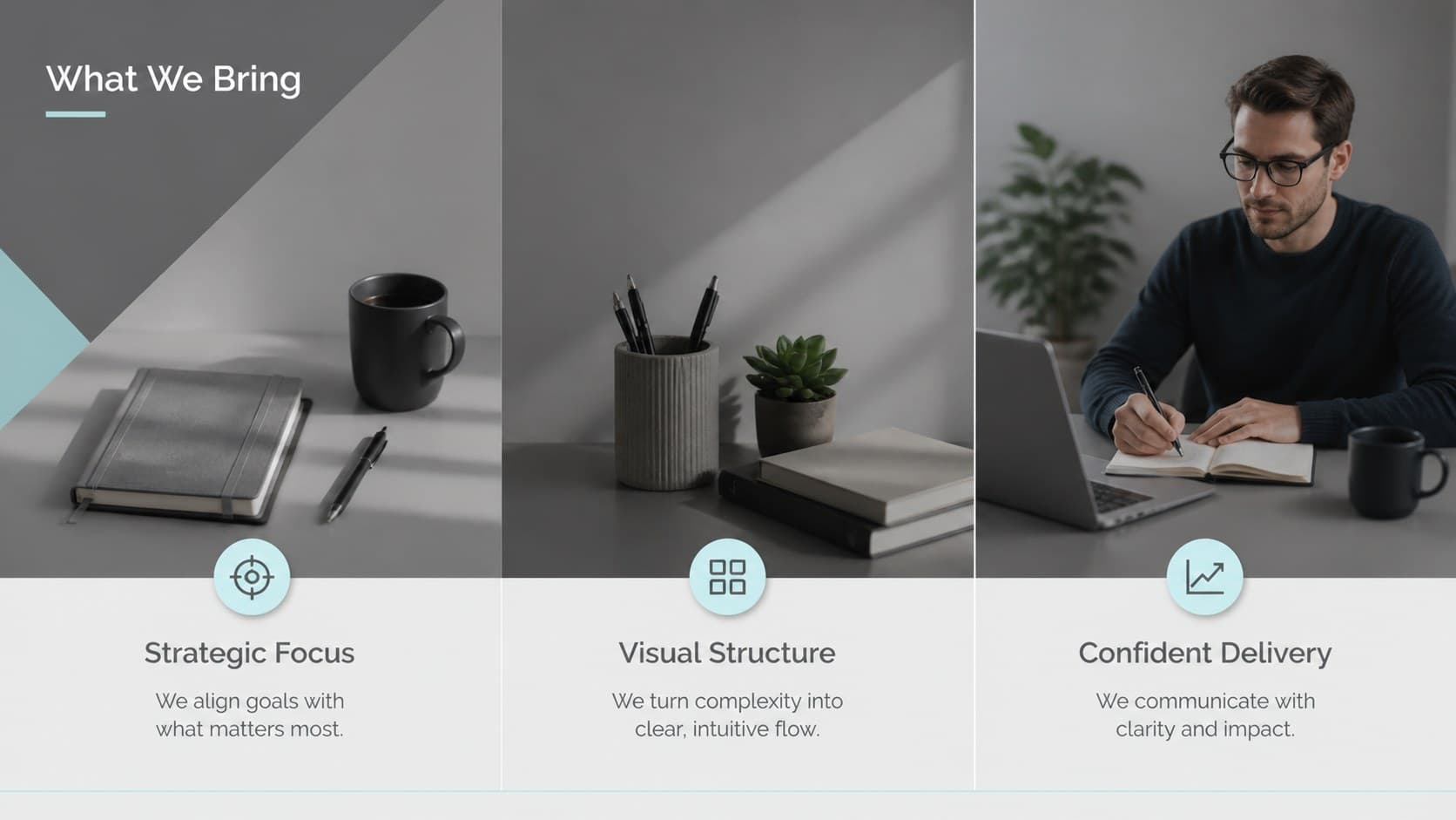Professional creative briefing deck slide with three service pillars and coordinated photo panels.