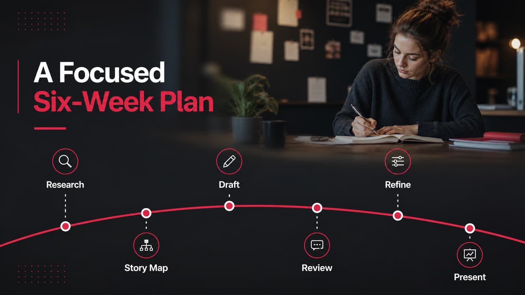Business storytelling deck timeline mapping project milestones from discovery through presentation.