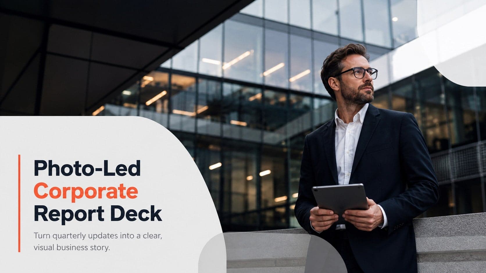 Cover of a photo-led corporate report deck with architectural photography, a bold title, and restrained red accents.