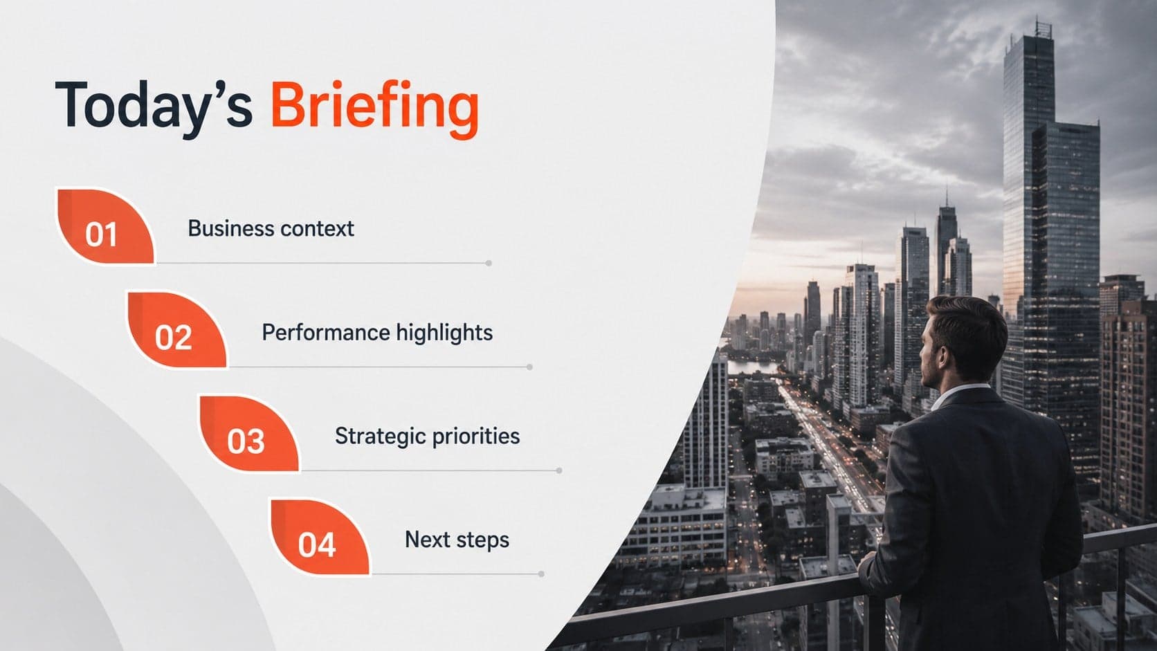 Corporate report agenda slide with four business sections beside modern city photography.