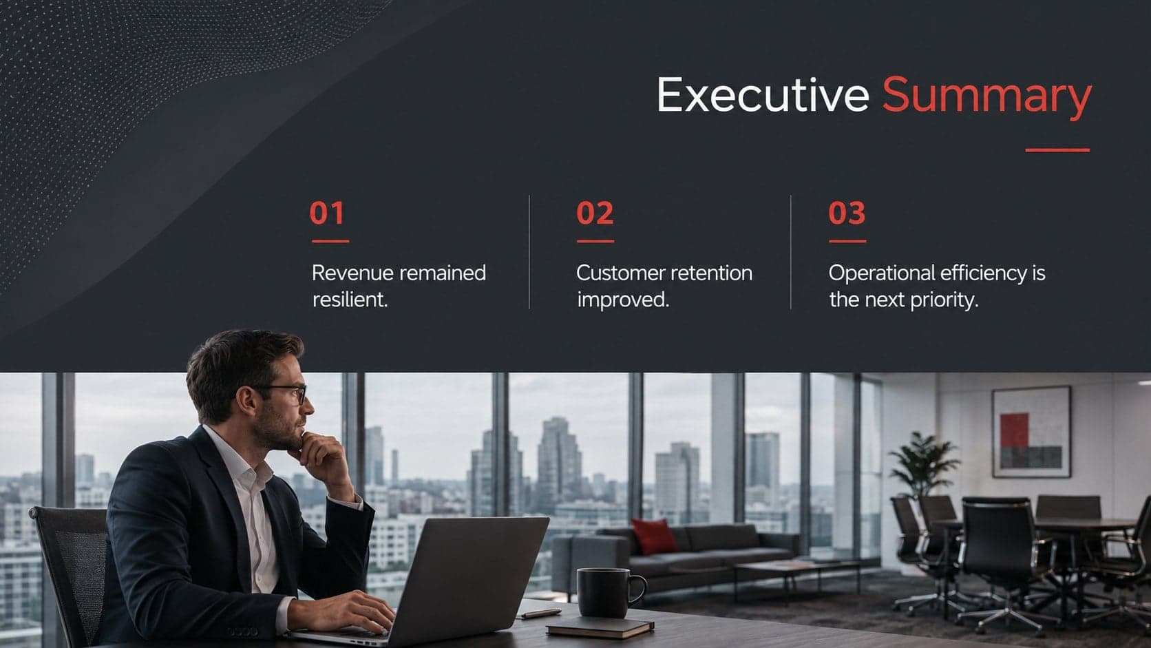 Executive summary layout from a corporate results presentation template with three priorities and office photography.