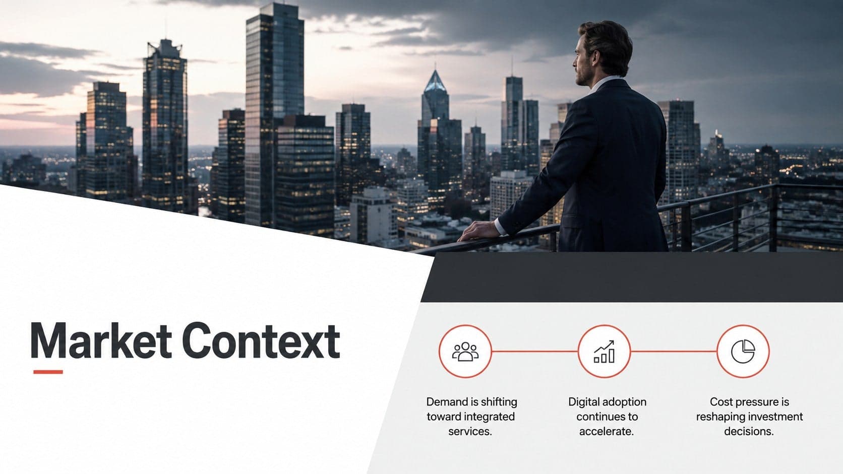 Market context slide featuring city photography and three business trend observations.