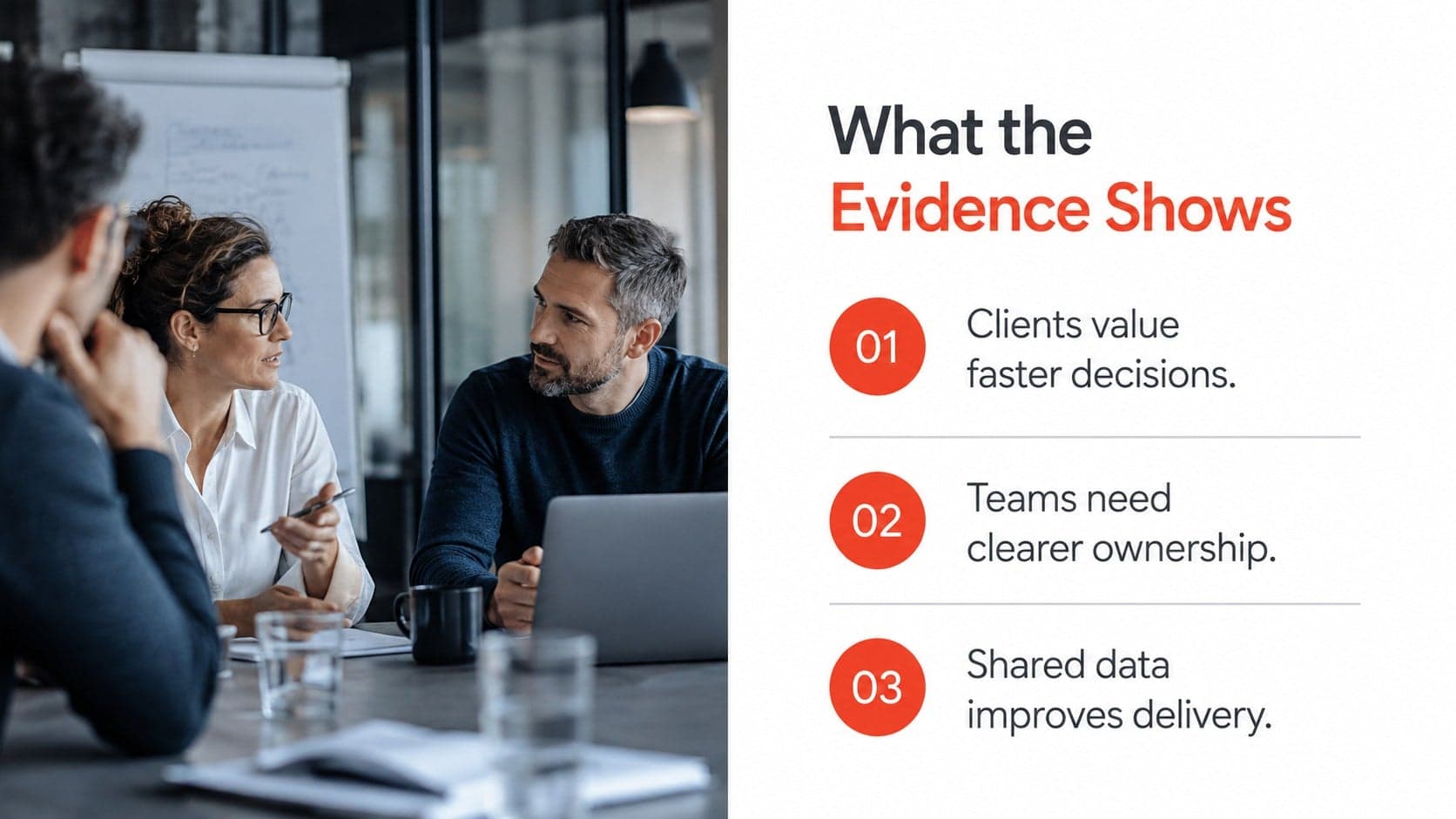 Consulting findings slide deck layout showing three evidence-based insights beside meeting photography.
