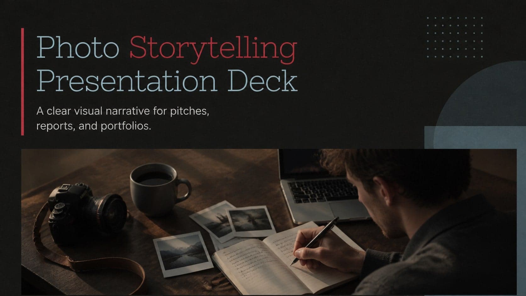 Cover slide for a photo storytelling presentation deck with a bold title, editorial image treatment, and dark professional styling.