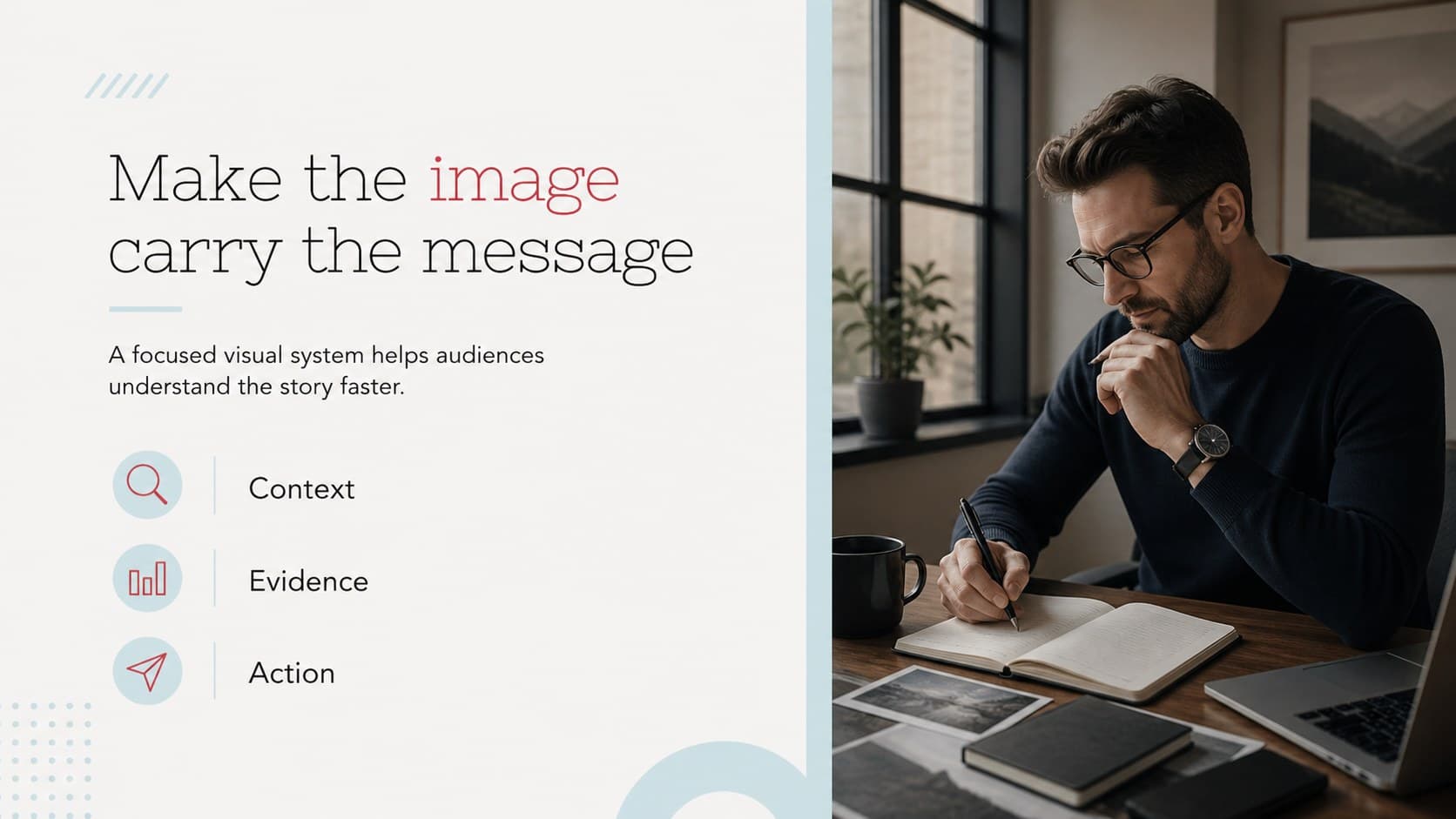 Introduction slide showing an image-led narrative structure for a professional portfolio presentation deck.