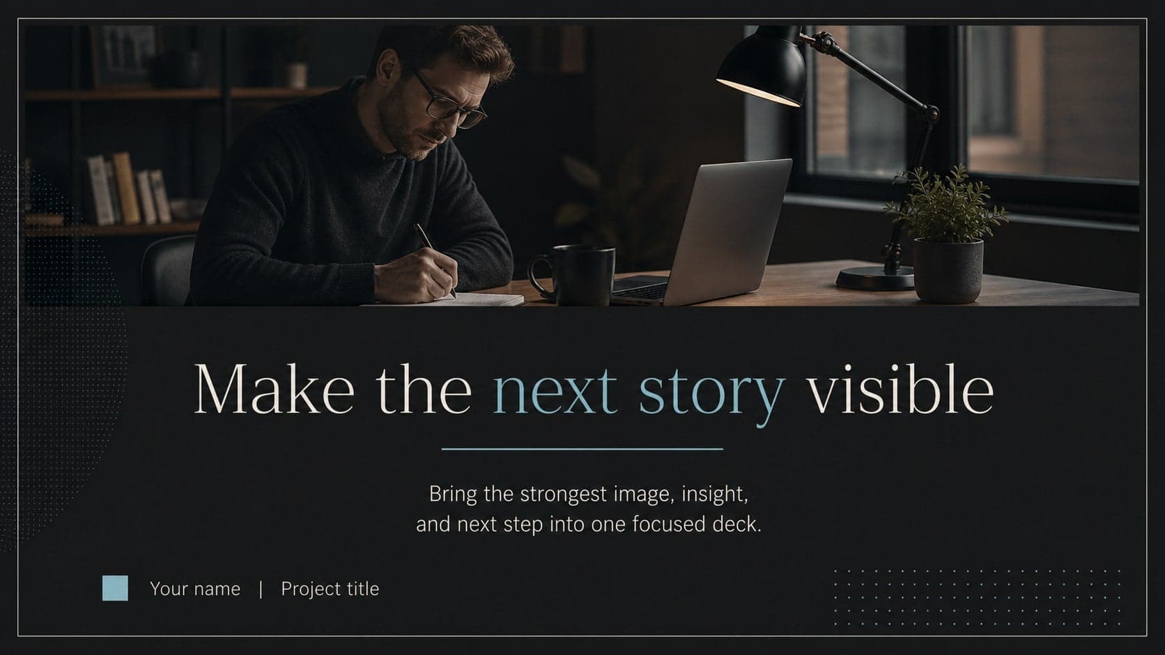 Closing slide with a decisive statement and image treatment for a modern photography presentation theme.