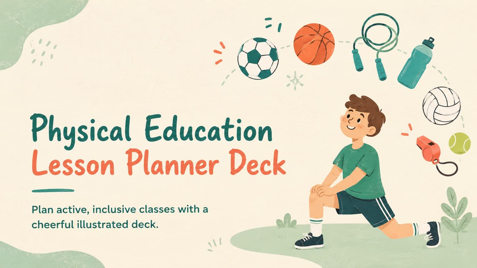 Cover of the Physical Education Lesson Planner Deck with playful sports illustrations in beige and green.