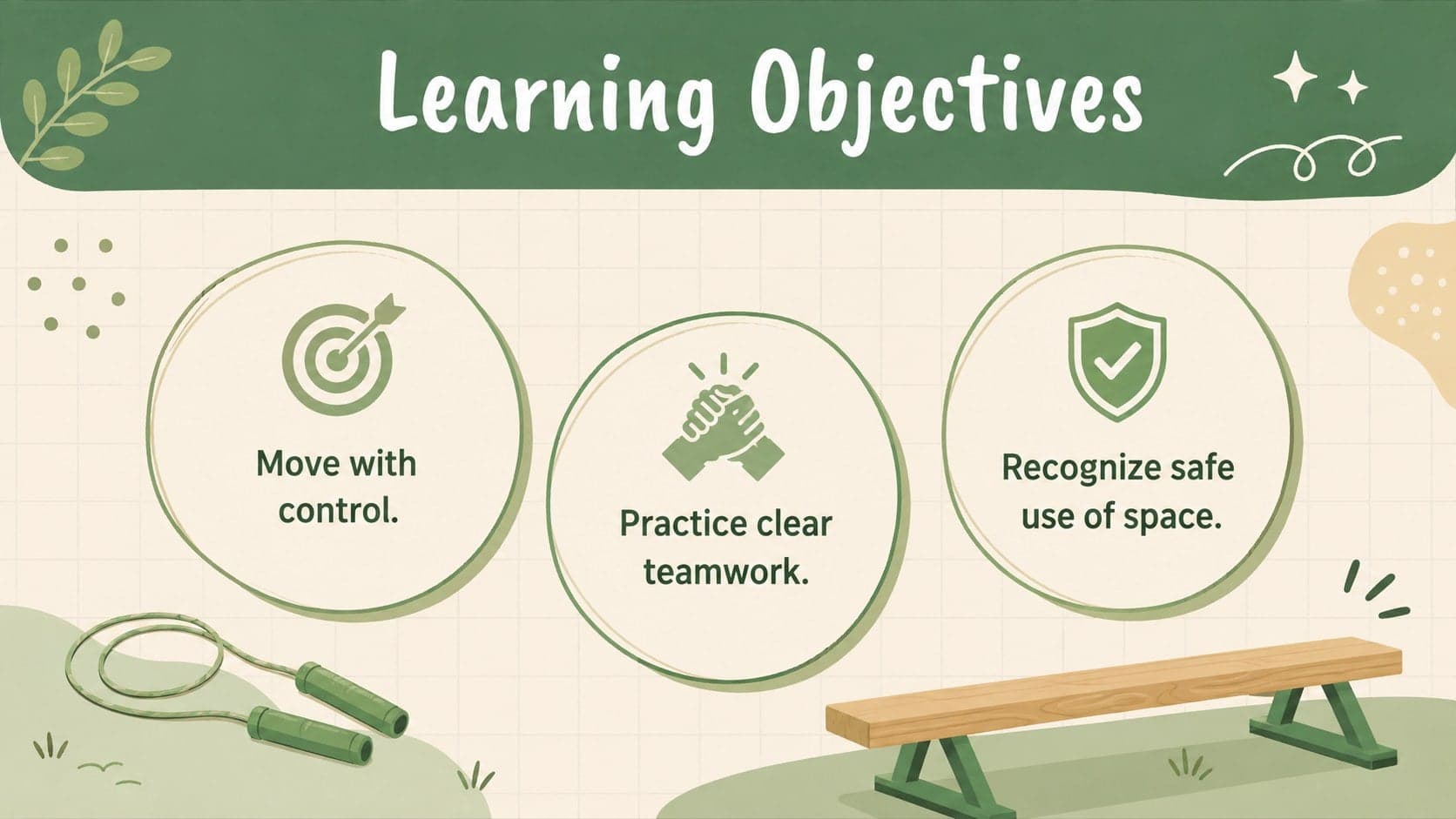 Elementary PE class slide template presenting learning objectives beside original movement illustrations.