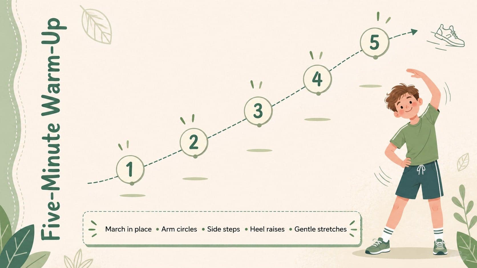 Illustrated physical education warm-up slide with a five-step movement routine.