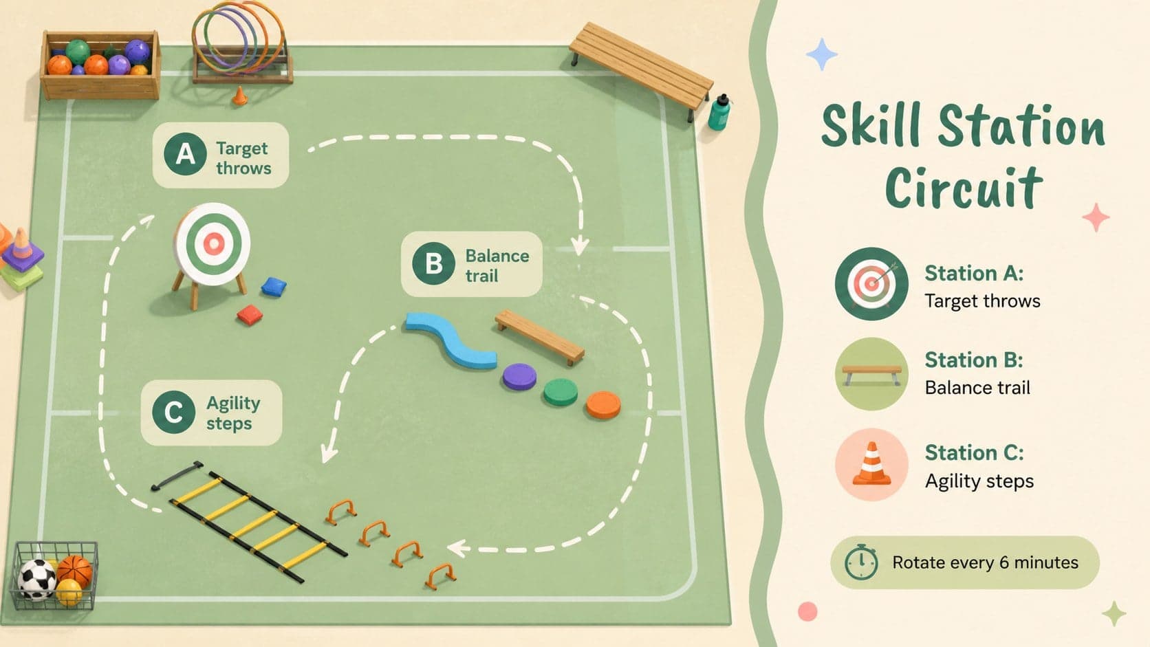 Physical education lesson planner slide mapping three colorful skill stations.