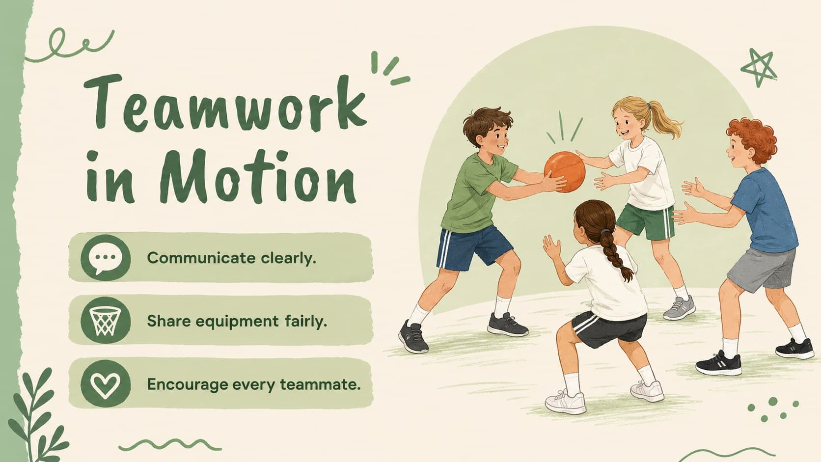 Inclusive physical education classroom deck slide explaining teamwork expectations.