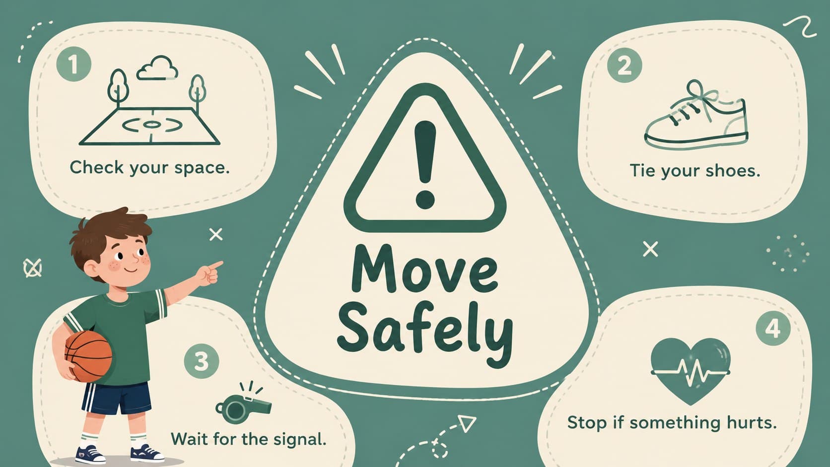 PE teaching resource slide featuring practical gym and playground safety reminders.