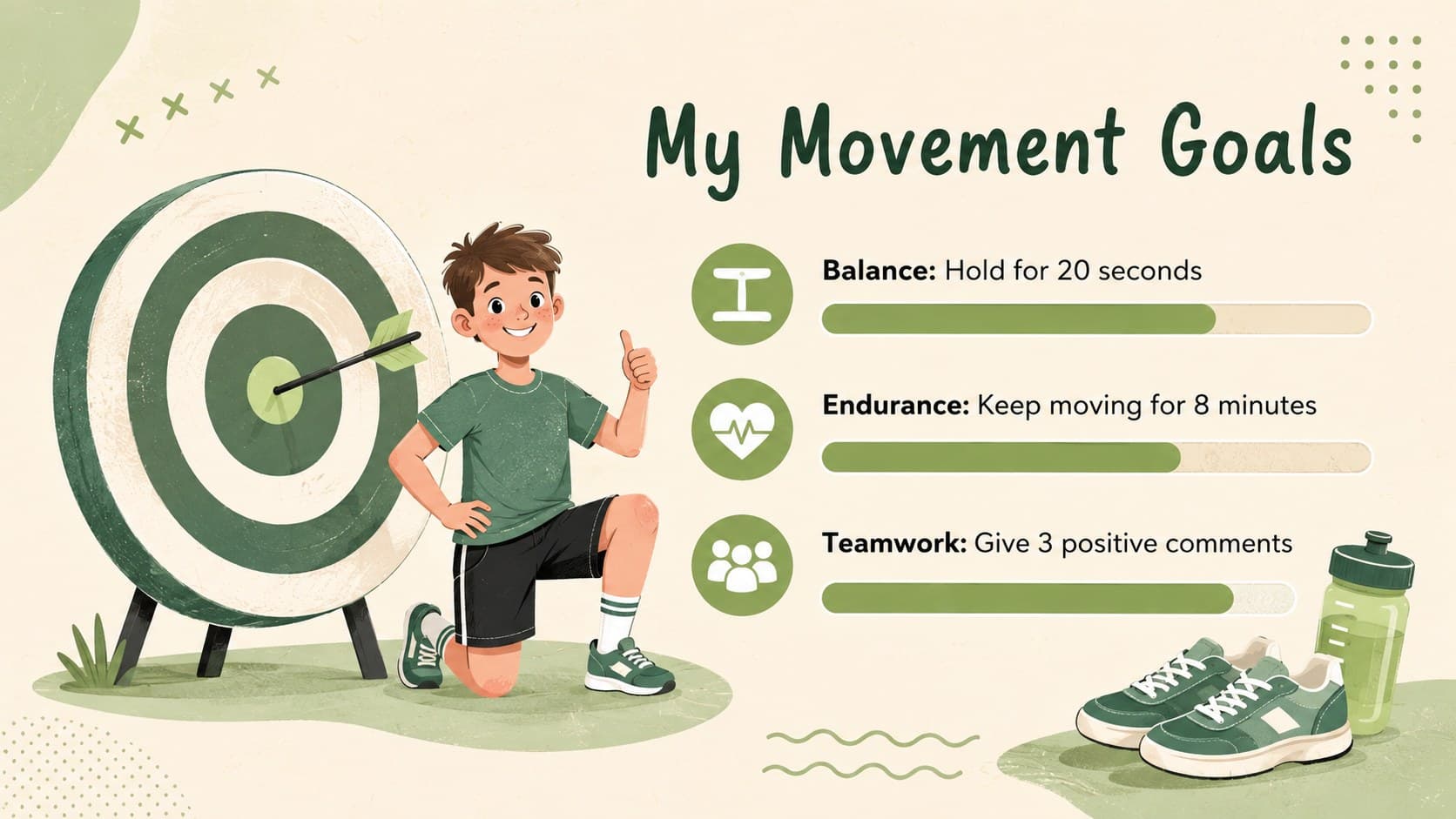 Student movement goals presentation with three measurable fitness targets.
