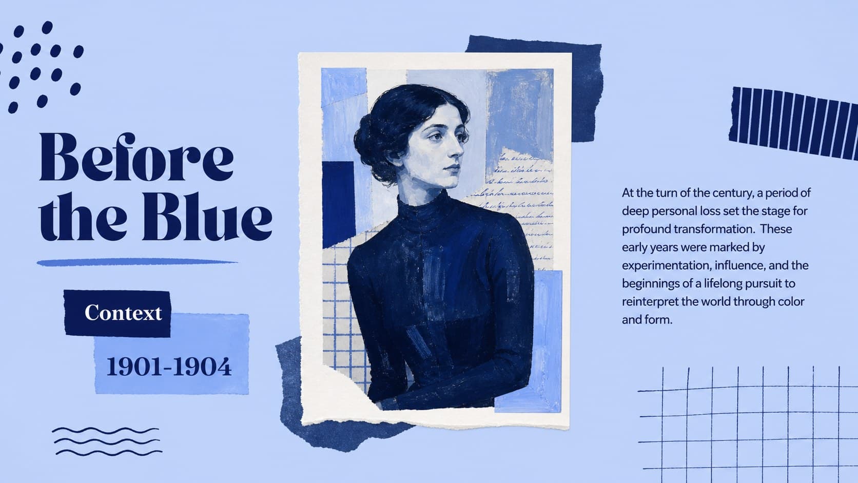 Picasso context slide showing a biographical text block and blue artwork image frame.