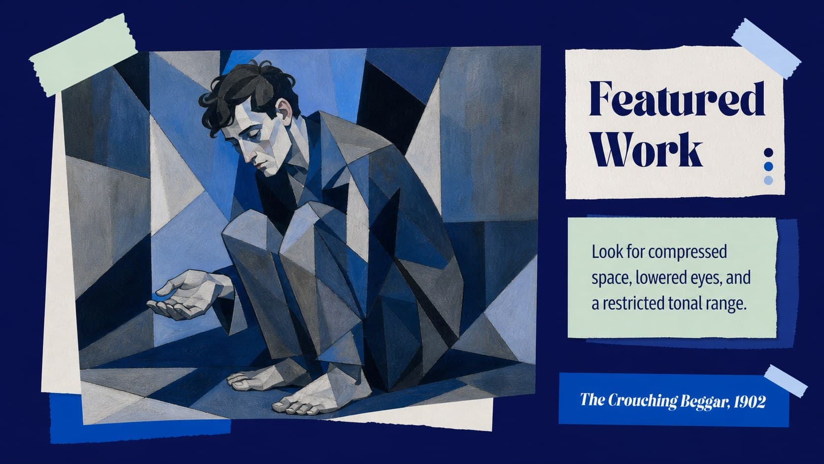 Artwork study slide presenting a featured Blue Period painting with title and observation notes.