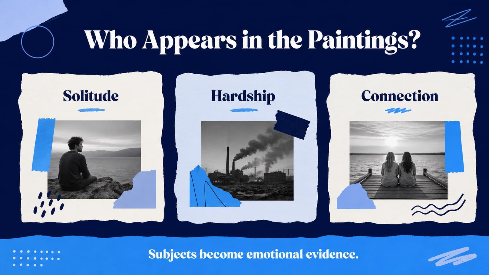 Blue Period subjects slide grouping themes of solitude, poverty, and human connection.
