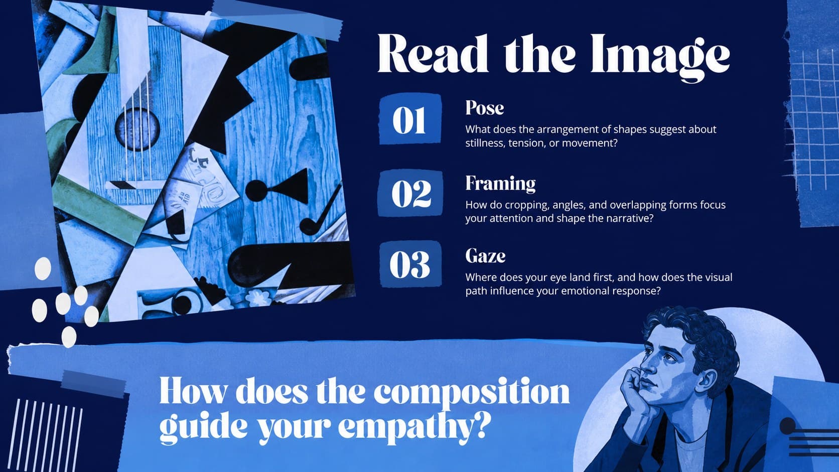 Painting analysis slide breaking down pose, framing, and gaze in a Blue Period composition.