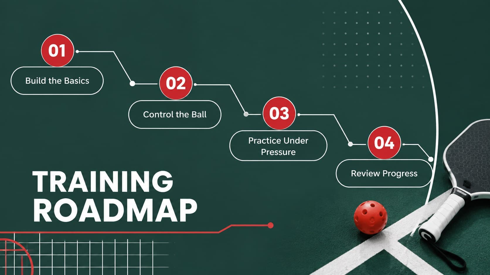 Table tennis coaching slide presenting a structured roadmap for skills, drills, tactics, and review.
