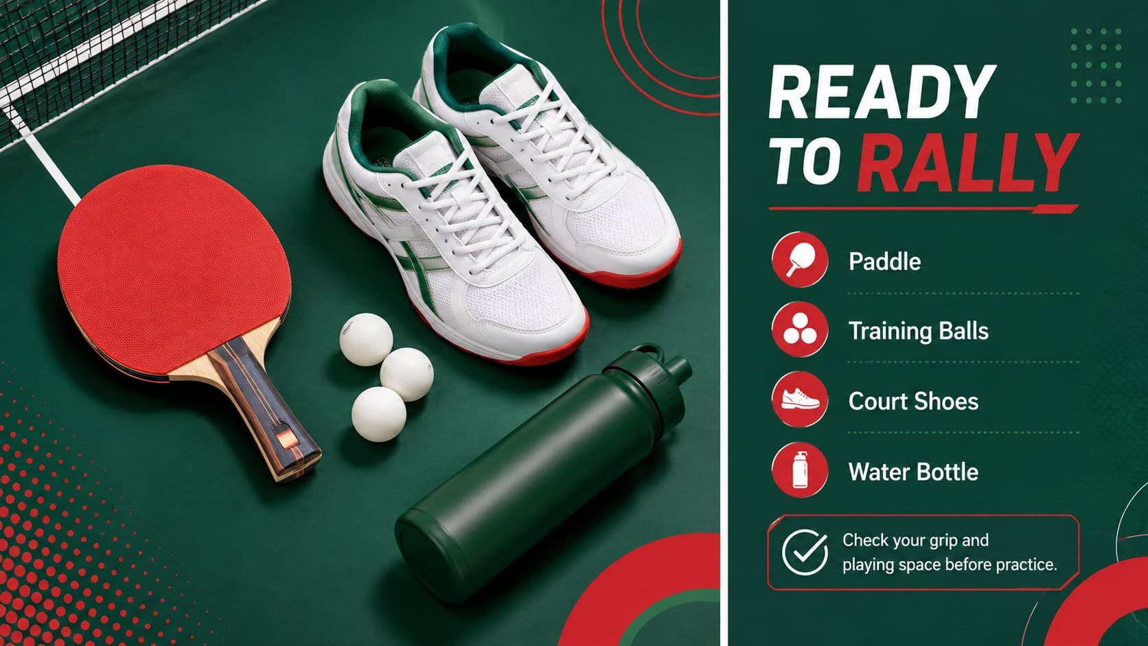 Beginner table tennis lesson presentation slide showing essential paddles, balls, footwear, and court equipment.