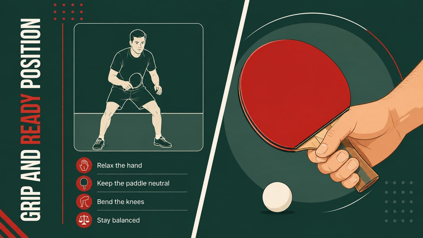 Table tennis technique deck slide explaining neutral grip, ready stance, and balanced posture.