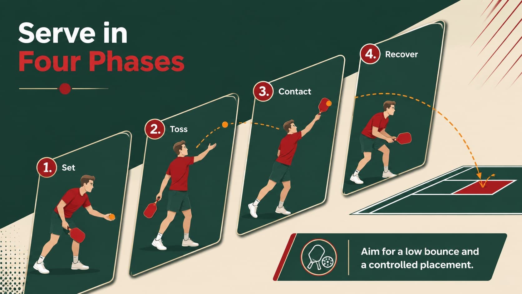 Ping pong coaching presentation slide breaking a legal serve into four clear phases.