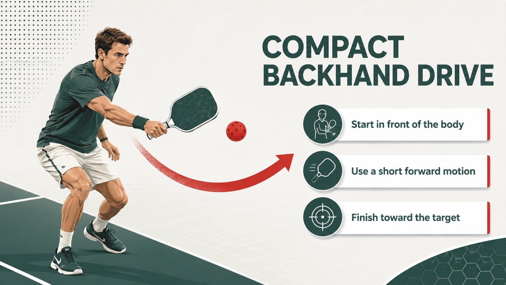 Table tennis technique slide showing a compact backhand drive with directional coaching notes.