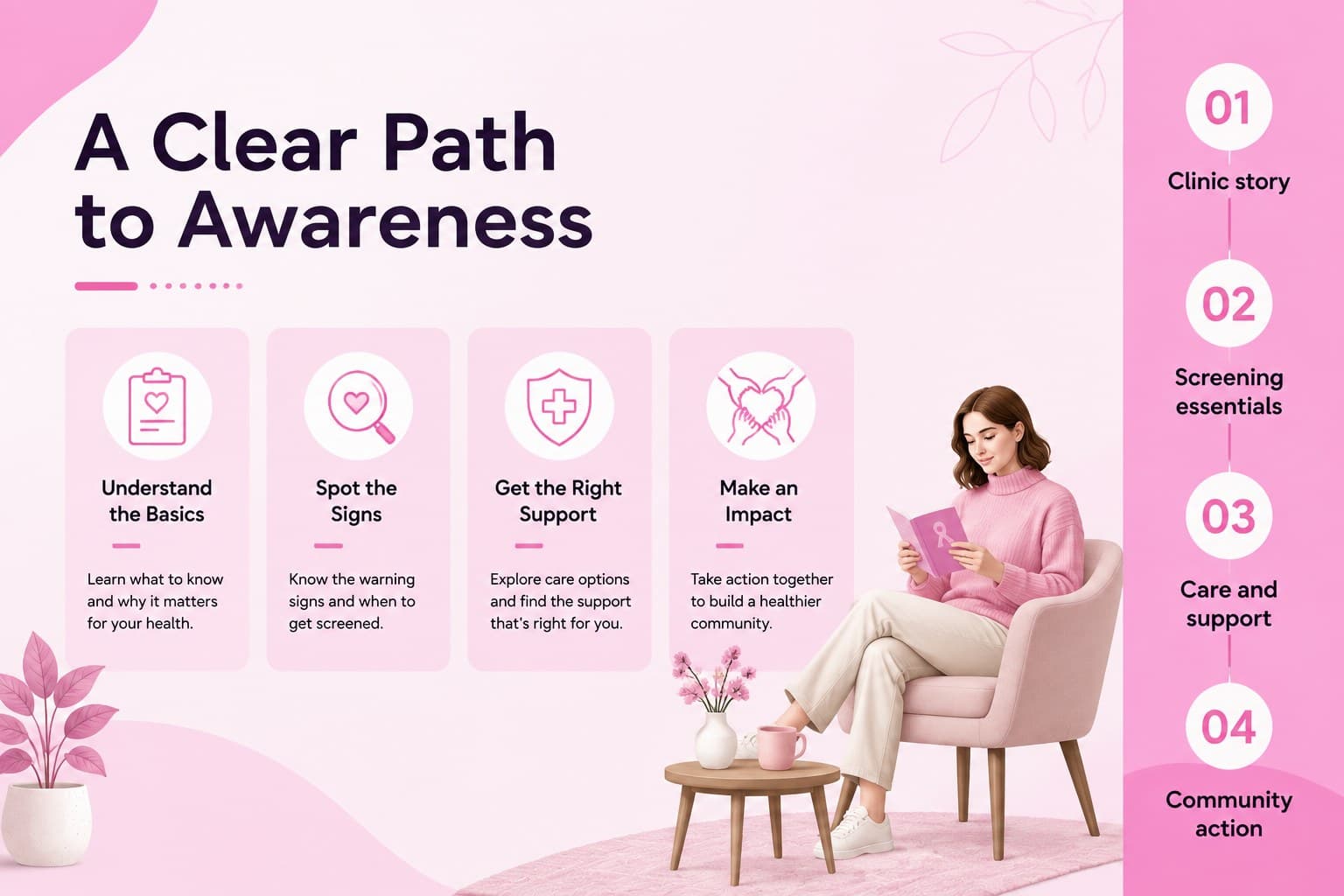 Agenda slide outlining screening, care, support, and outreach sections in a pink medical presentation.