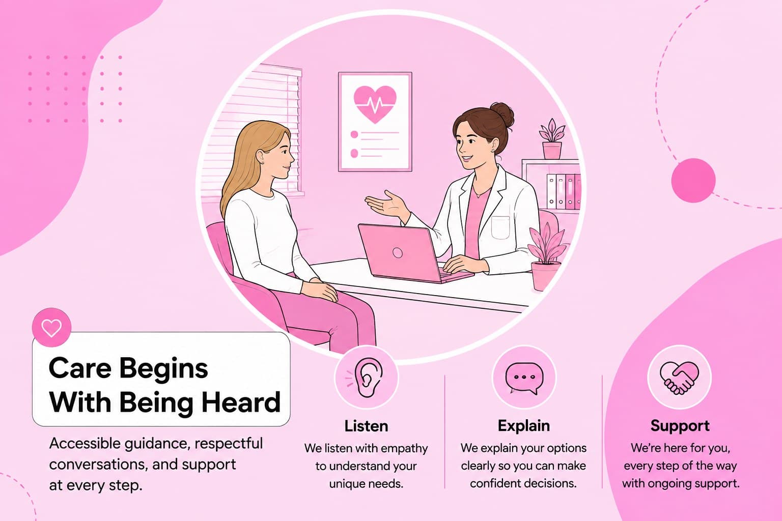 Healthcare center introduction slide presenting a welcoming clinic mission with pink illustrated medical elements.